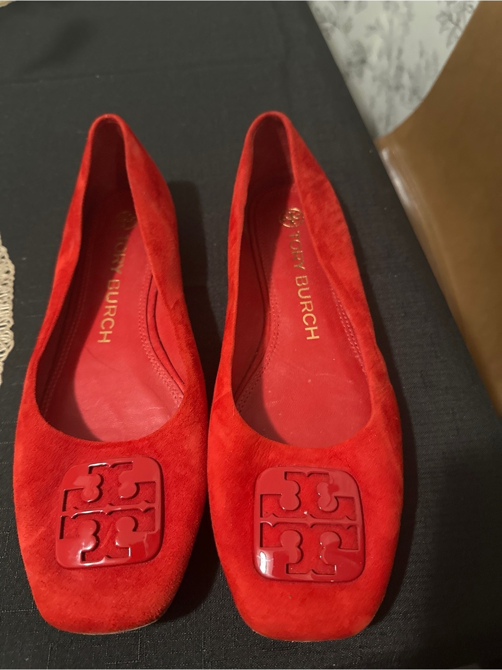 Tory Burch Red Suede Logo Square-Toe Ballet Flats